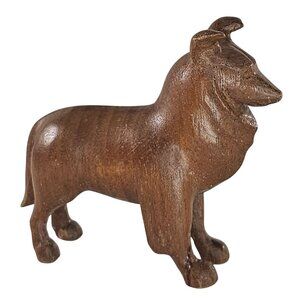 Hand Carved Wooden Collie Dog Figurine Folk Art Miniature 2.5" *REPAIR*